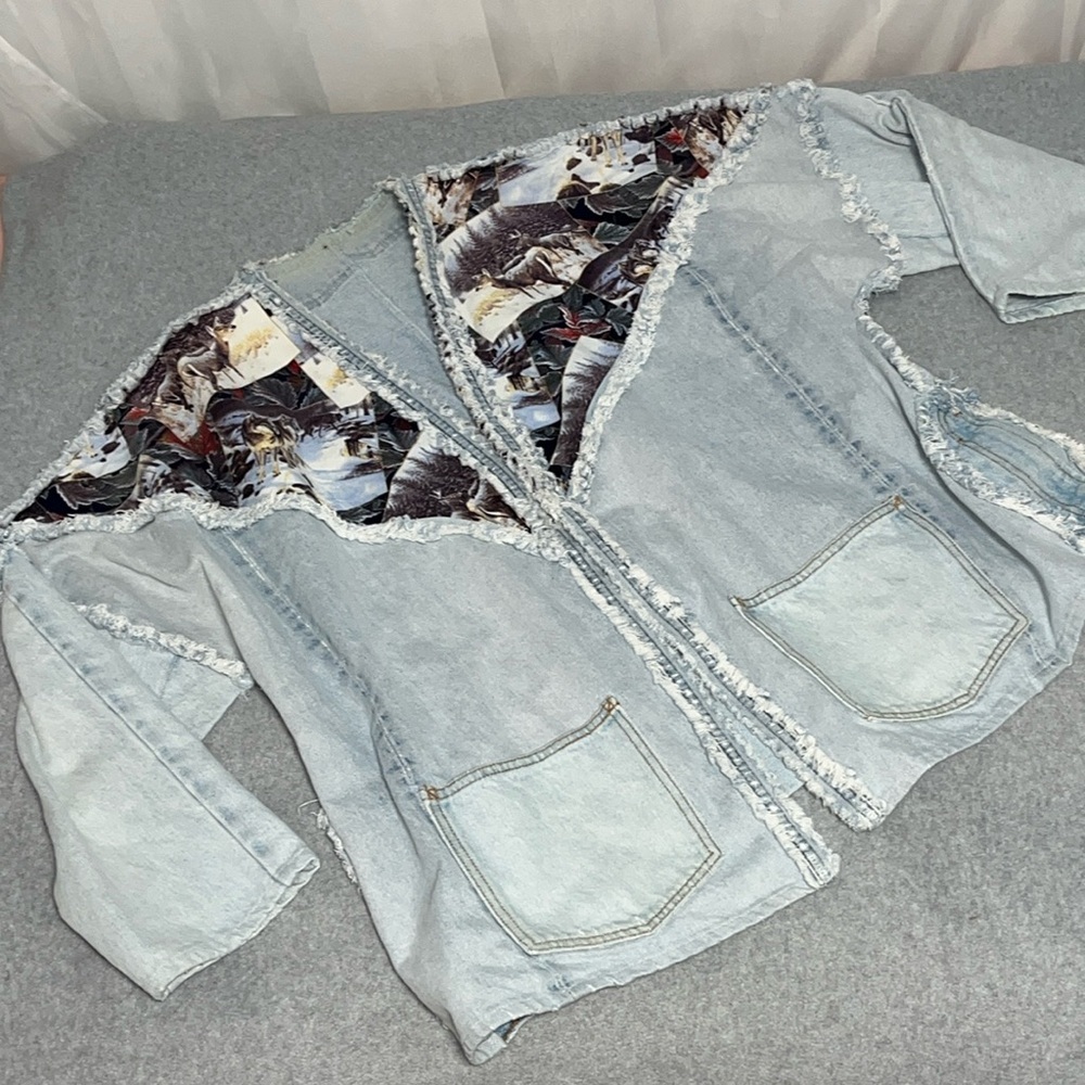 Upcycled Boho Denim Jacket 2X Western Patch Coachella Slouchy Festival Grunge
